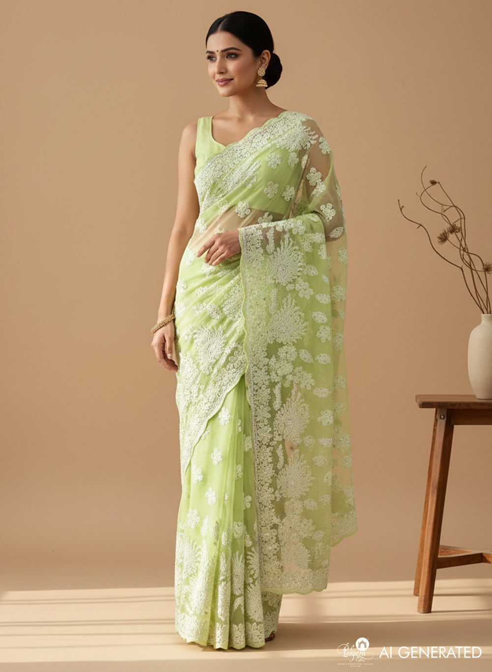 Light Green Mukaish - Aks Georgette Chikankari Saree