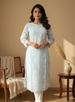 Powder Blue With Crochet Lace - Cotton Terry Voile Bahaar Chikankari Kurta With Slip
