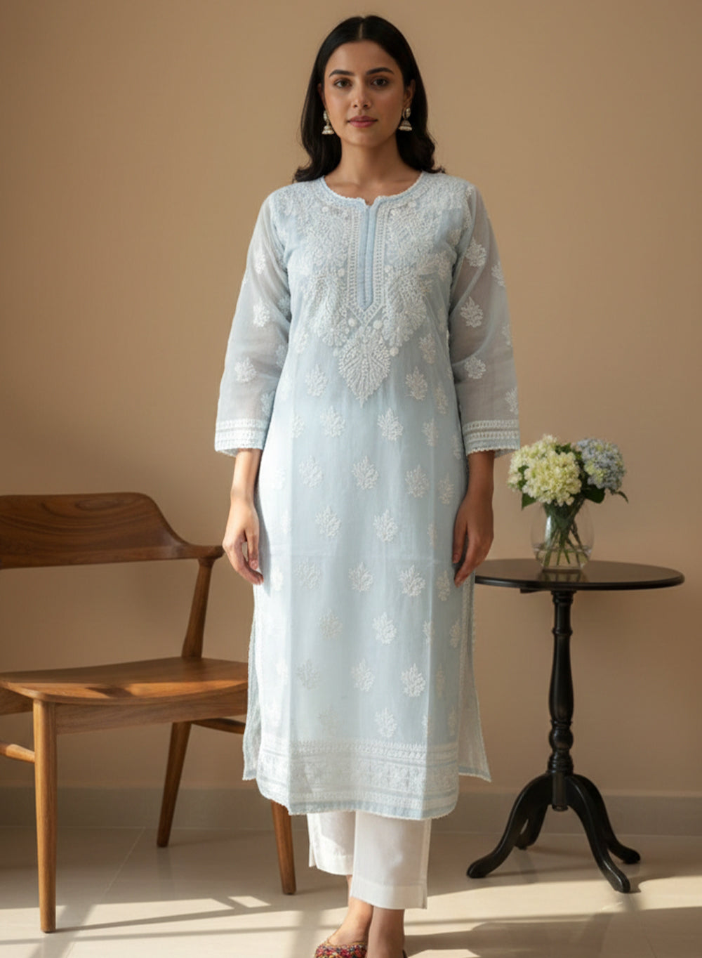 Powder Blue With Crochet Lace - Cotton Terry Voile Bahaar Chikankari Kurta With Slip