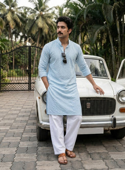 Powder Blue - Nawab Checkered Front Jaal Cotton Chikankari Kurta