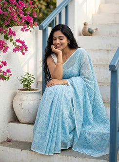 Shabnam Powder Blue - Aks Cotton Tepchi Chikankari Saree