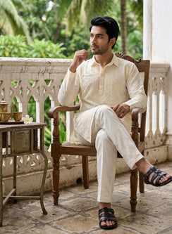 Powder Yellow - Nawab Floral Front Jaal Cotton Chikankari Kurta