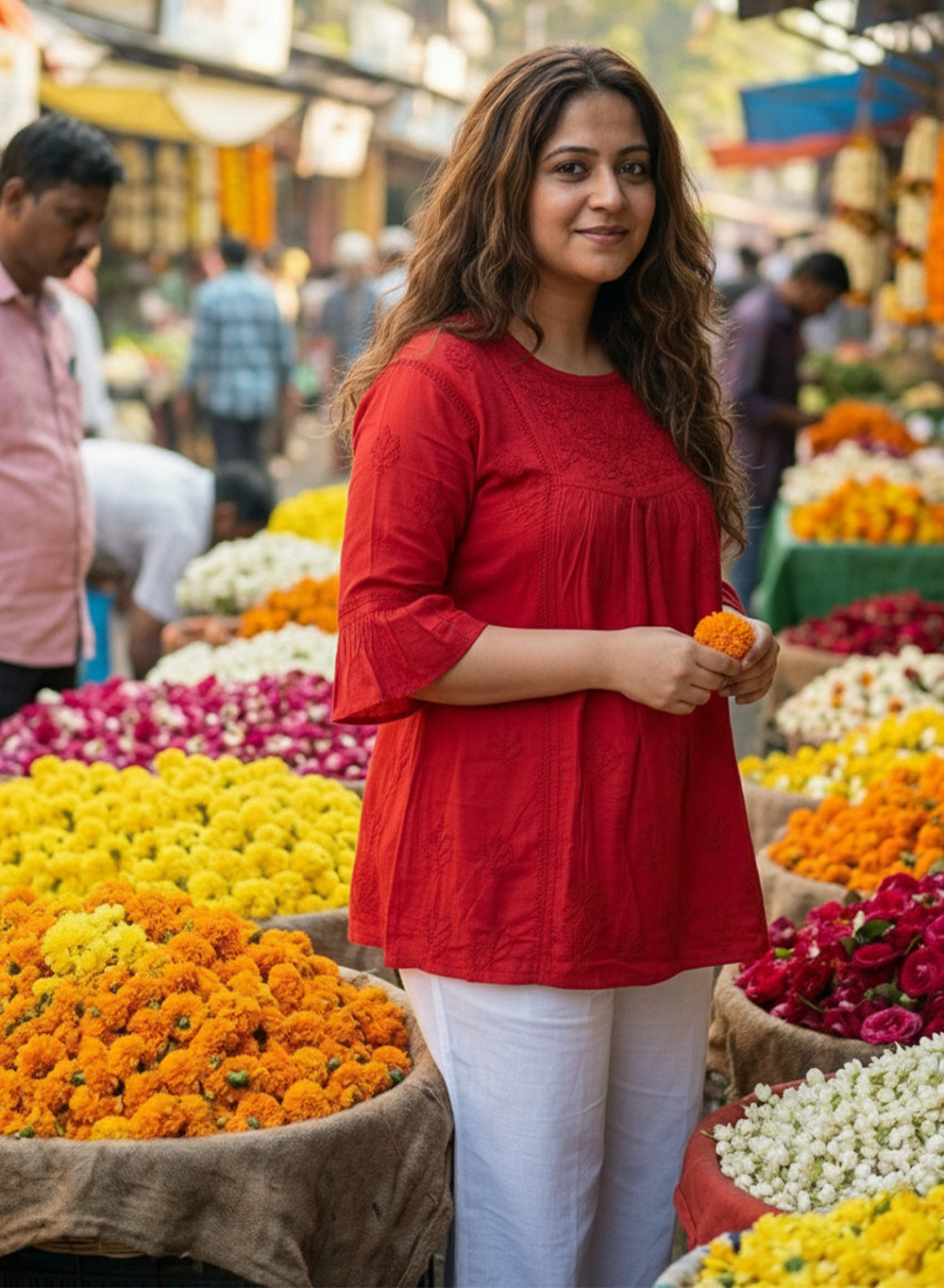 Red Bell Sleeves - Pure Cotton Gulshan Chikankari Short Top