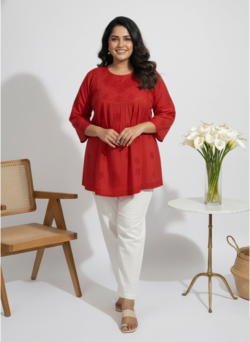 Red - Resham Thread Gulshan Chikankari Short Top