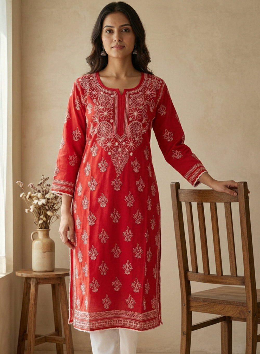 Red With White Thread - Cotton Terry Voile Bahaar Chikankari Kurta