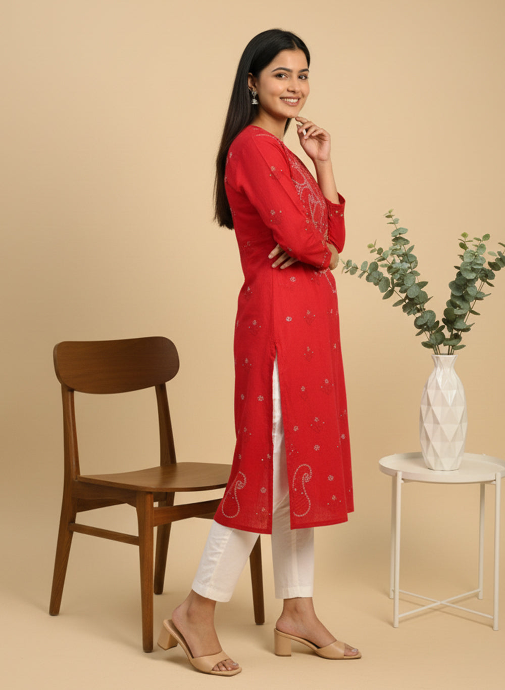 Red - Bahaar Cotton Terry Voile Chikankari Kurta