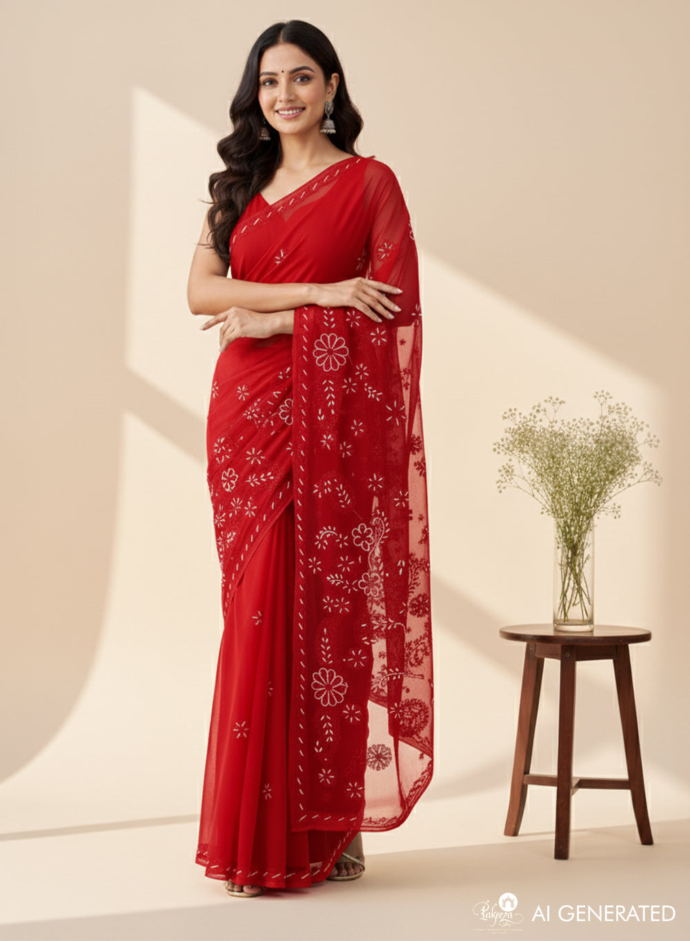 Red Katdana - Aks Georgette Chikankari Saree