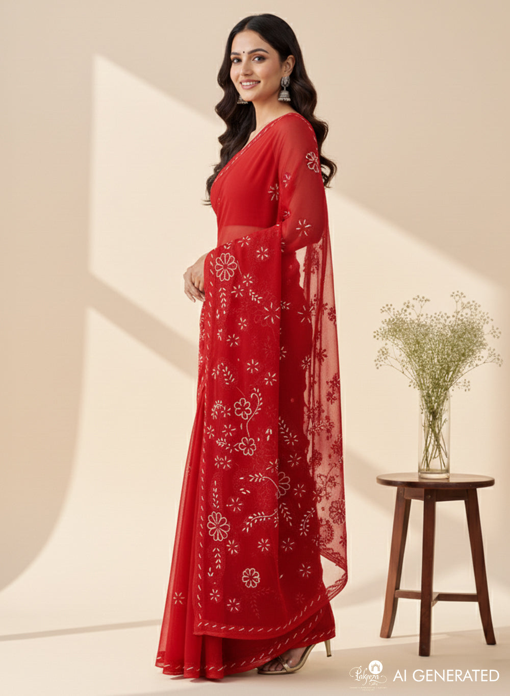 Red Katdana - Aks Georgette Chikankari Saree