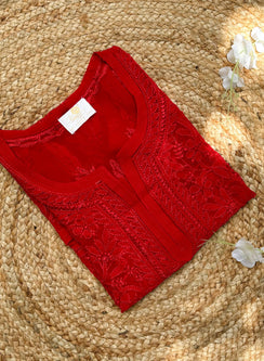 Red - Gulzar Georgette Chikankari Short Top