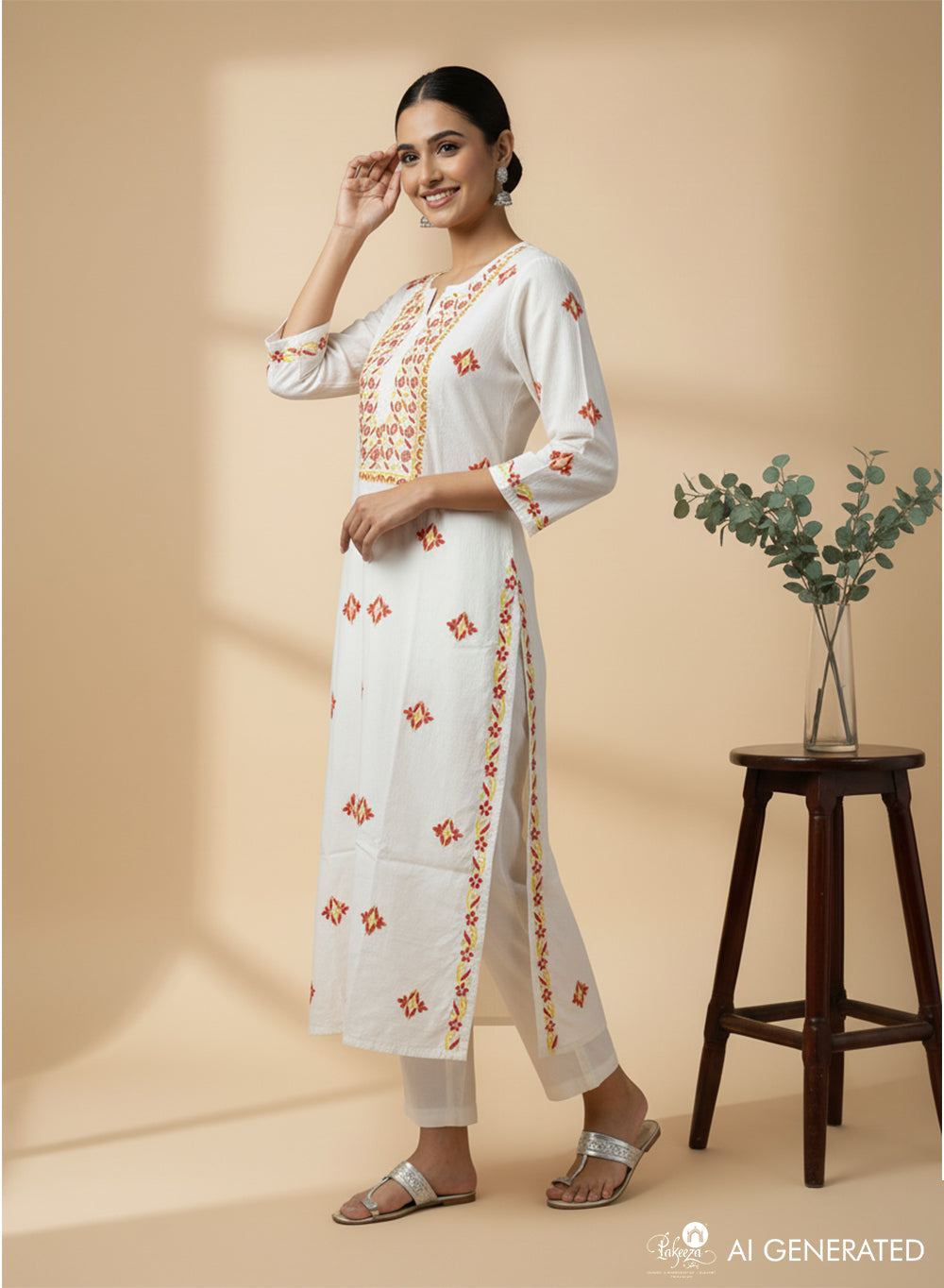 Red & Yellow Embroidered - White Bahaar Cotton Slub Chikankari Kurta