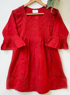 Red Bell Sleeves - Pure Cotton Gulshan Chikankari Short Top