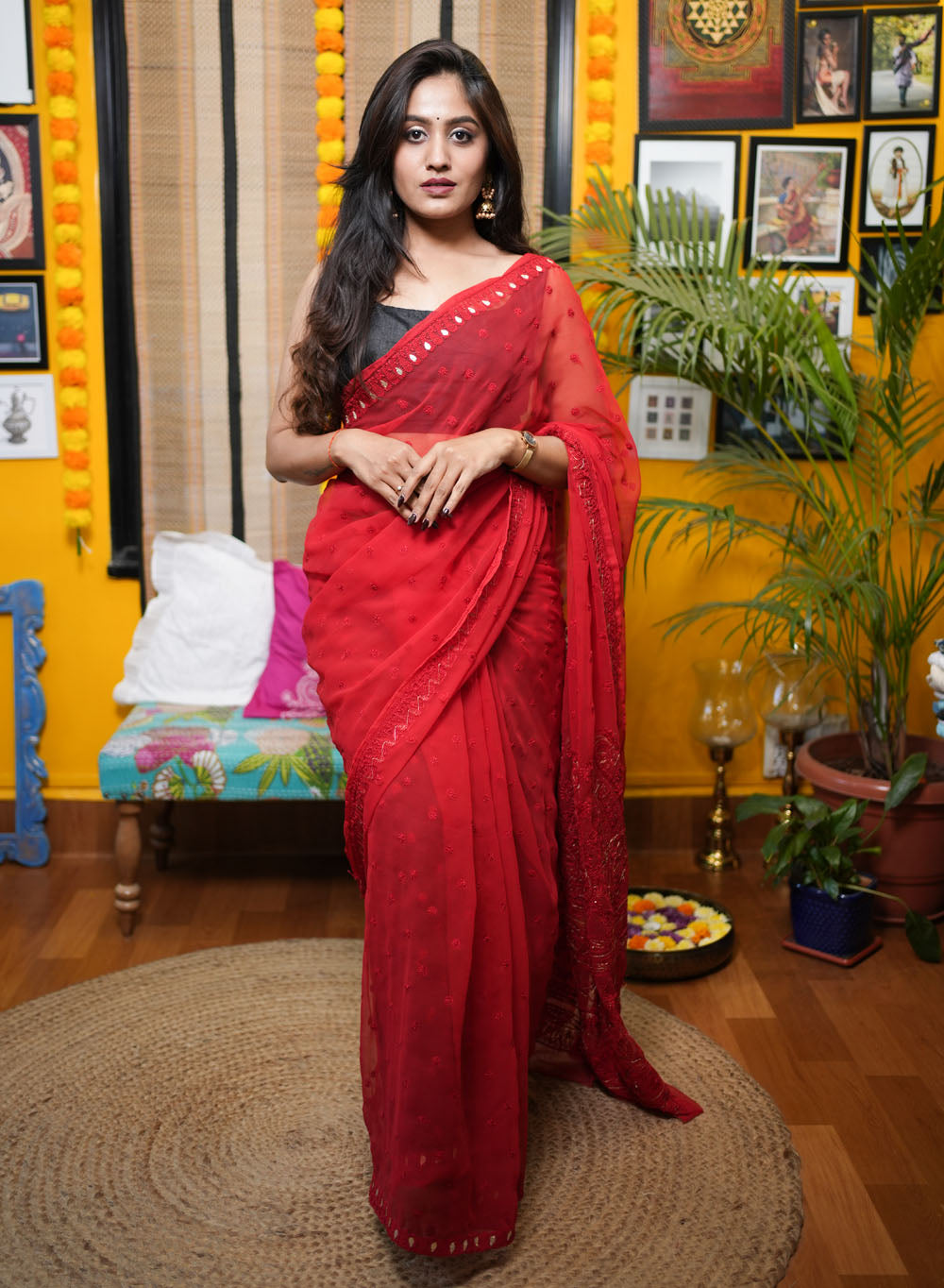 Buy Anand Sarees Color Block Bollywood Georgette Red, Black Sarees Online @  Best Price In India | Flipkart.com