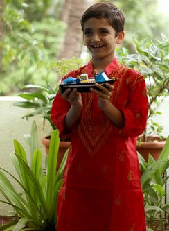 Red & Mustard - Cotton Chikankari Kurta