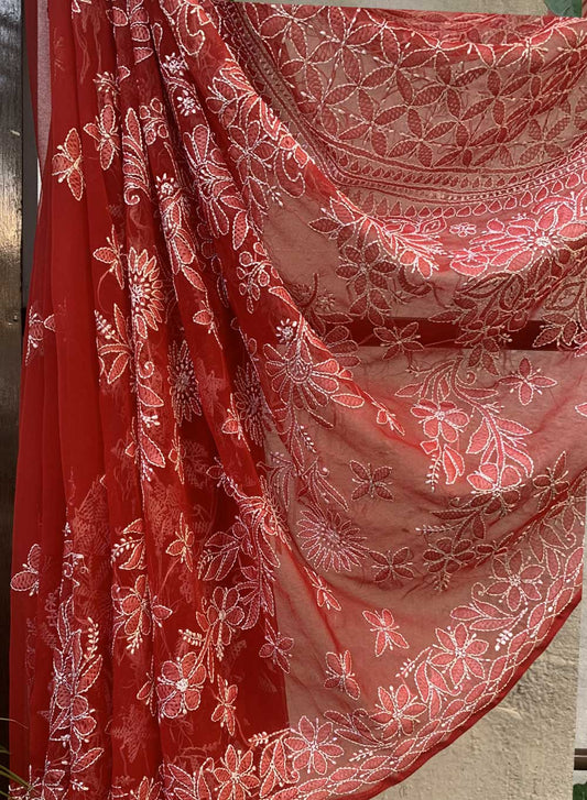 Red & White Silk Thread - Aks Georgette Saree