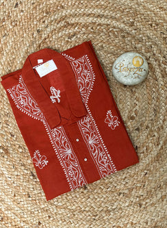 Rust - Nawab Cotton Men Chikankari Long Kurta
