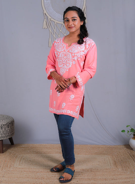 Sabaa Peach - Rayon Gulshan Chikankari Chikankari Short Top