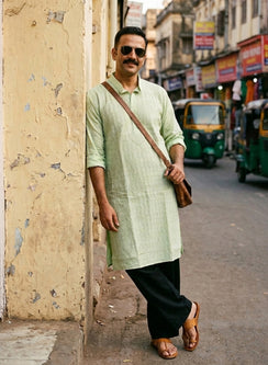 Sage Green - Nawab Cotton Vertical Design Front Jaal Chikankari Long Kurta