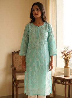 Sea Green With Crochet Lace - Cotton Terry Voile Bahaar Chikankari Kurta With Slip