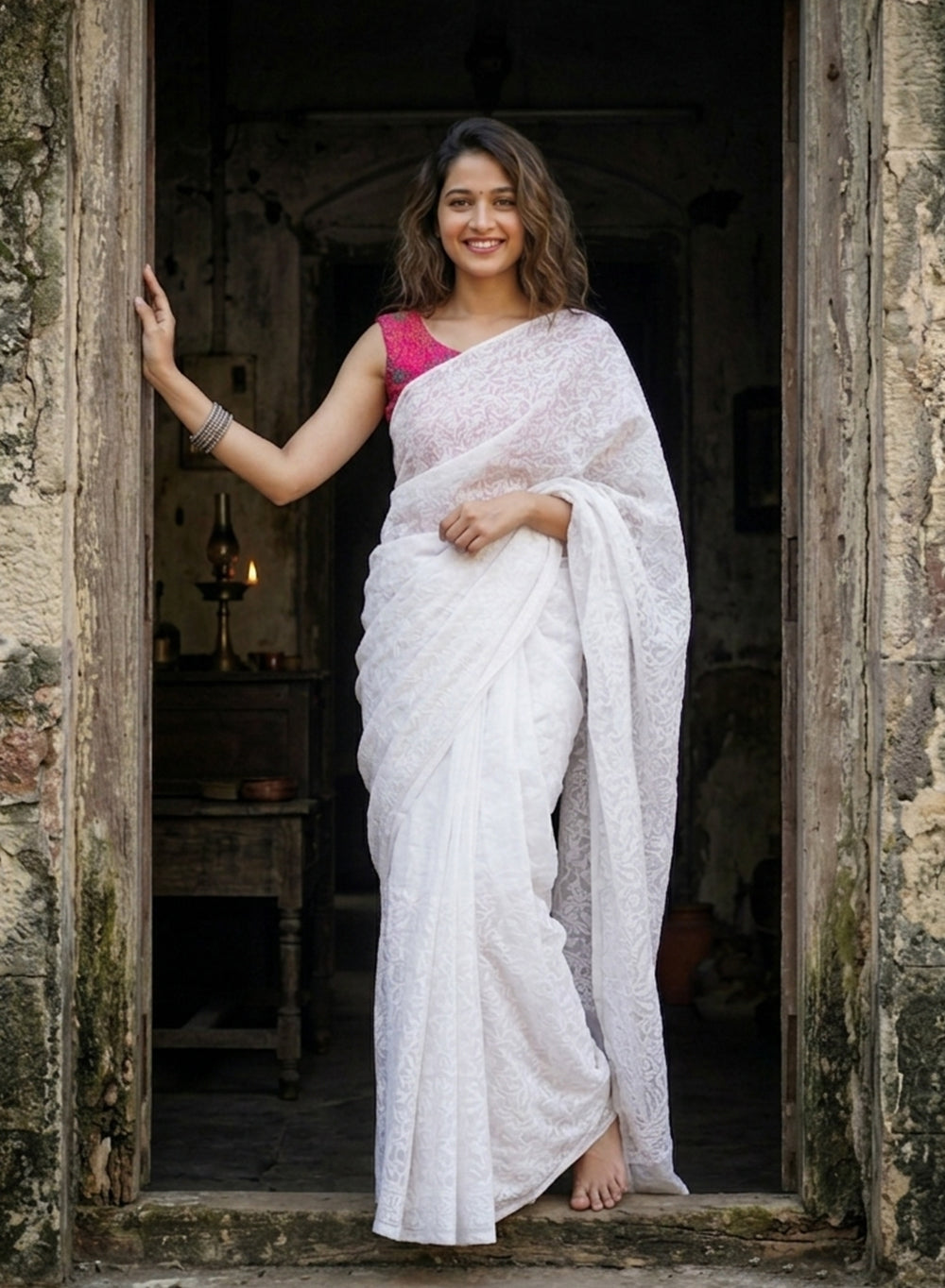 Shabnam White Full Jaal - Aks Cotton Tepchi  Chikankari Saree