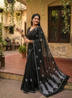 Black & White - Cotton Terry Voile Aks Chikankari Saree