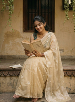 Shachi Beige - Kota Aks Cotton Saree With White Thread Embroidery