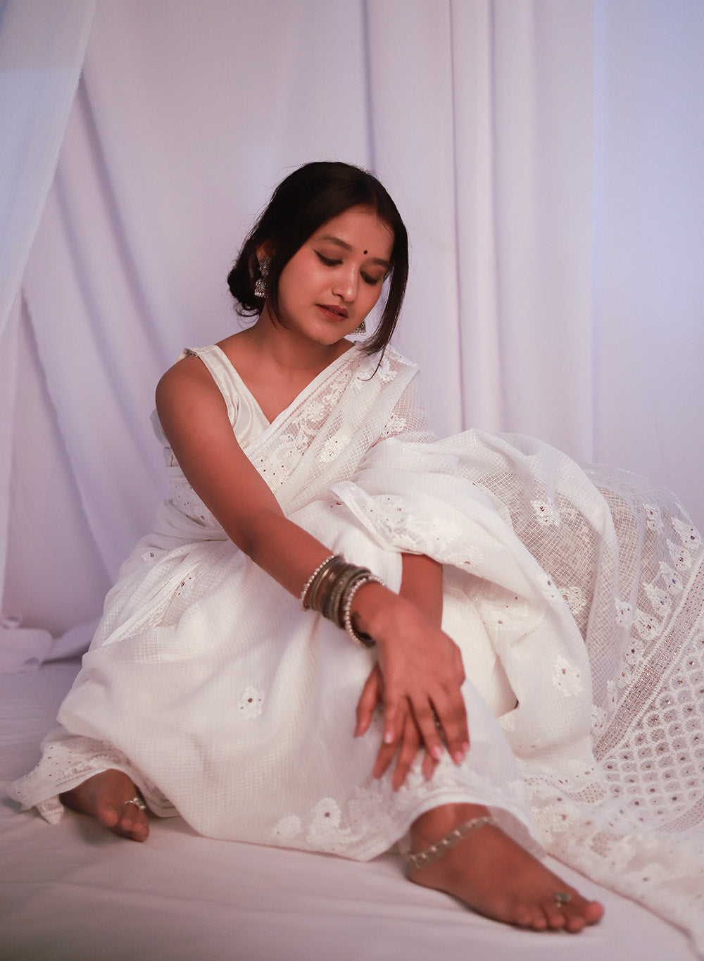 Sitara White - Aks Kota Mukaish Chikankari Saree