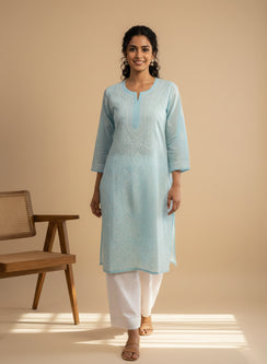 Powder Blue - Bahaar Cotton Terry Voile Chikankari Kurta With Mukaish Work