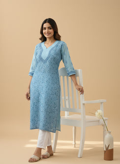 Sky Blue - Bahaar Cotton Terry Voile Chikankari Kurta