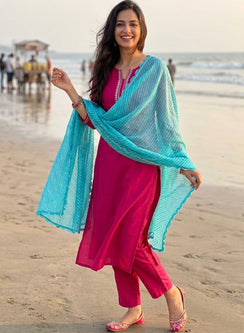 Sky Blue Lehariya - Nazm Kota Cotton Chikankari Dupatta with Sequins