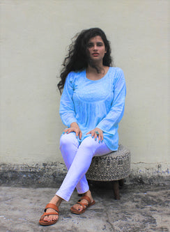 Sky Blue - Resham Thread Gulshan Chikankari Short Top