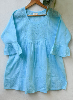 Sky Blue Bell Sleeves - Pure Cotton Gulshan Chikankari Short Top