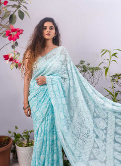 Sky Blue Full Jaal - Aks Georgette  Chikankari Saree