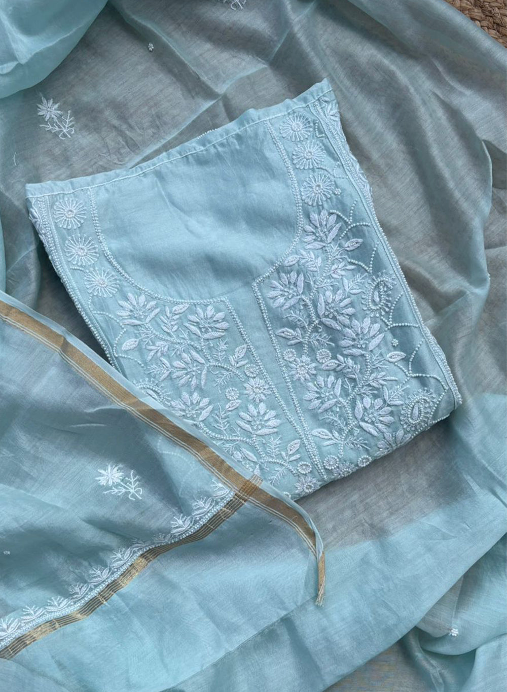 Aqua Blue - Nayaab Chanderi Semi-Stitched Panel Design Chikankari Kurta & Dupatta Fabric With Katdana & Pearl Embllishments
