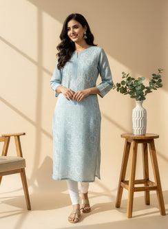 Stone Blue - Bahaar Cotton Terry Voile Chikankari Kurta With Jaali Work