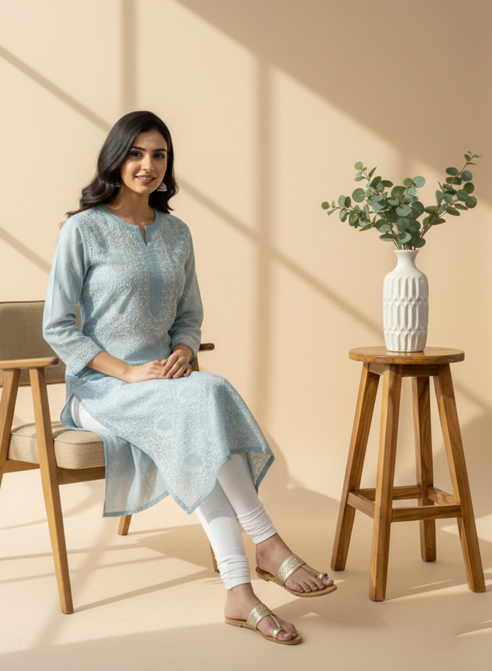 Stone Blue - Bahaar Cotton Terry Voile Chikankari Kurta With Jaali Work