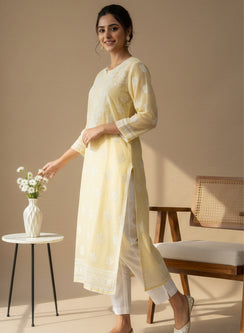 Sunlight Yellow With Crochet Lace - Cotton Terry Voile Bahaar Chikankari Kurta With Slip