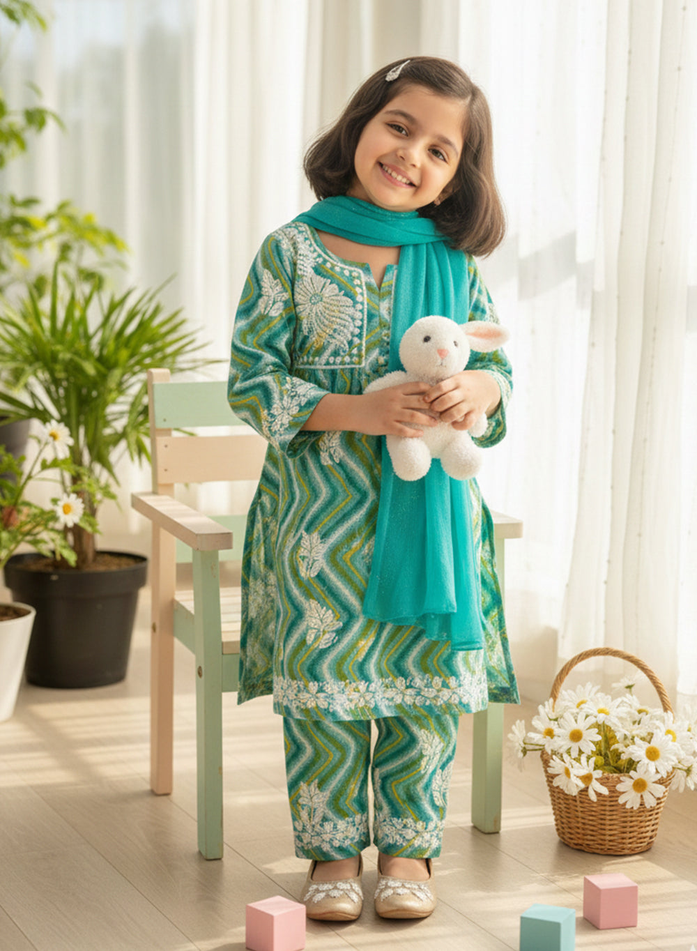 Pankhudi - Green Mul Cotton Chikankari Nanhe Farishtey Kidswear Set