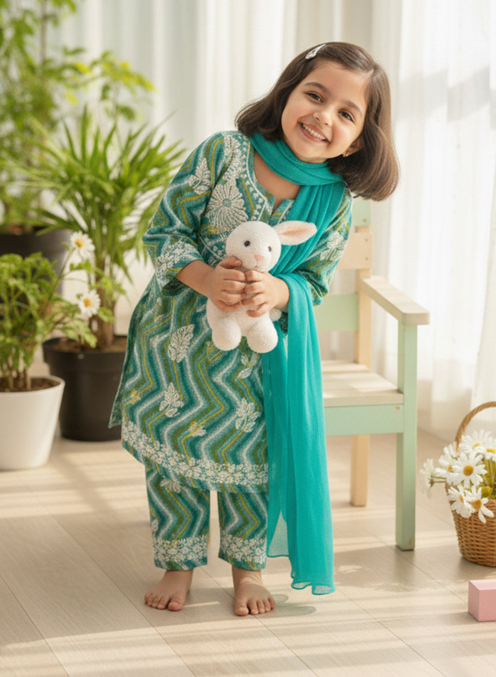 Pankhudi - Green Mul Cotton Chikankari Nanhe Farishtey Kidswear Set