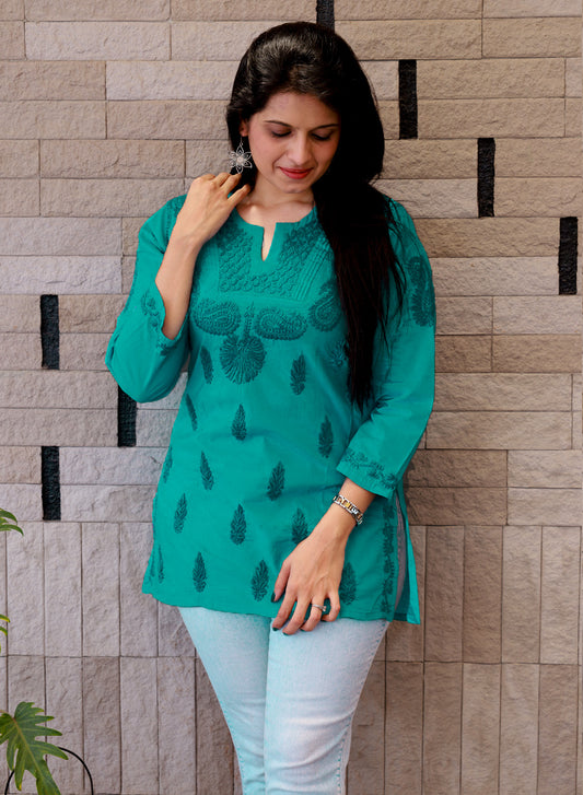 Turquoise Checks - Gulshan Cotton Short Top