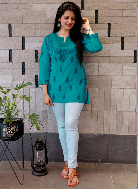 Turquoise Checks - Gulshan Cotton Short Top