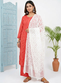 White - Nazm Kota Cotton Chikankari Dupatta With White Thread Embroidery