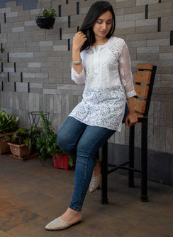 White - Gulzar Georgette Chikankari Short Top