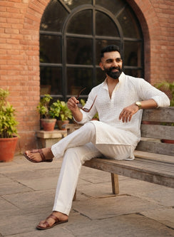 White - Nawab Daraz Front Jaal Cotton Chikankari Kurta