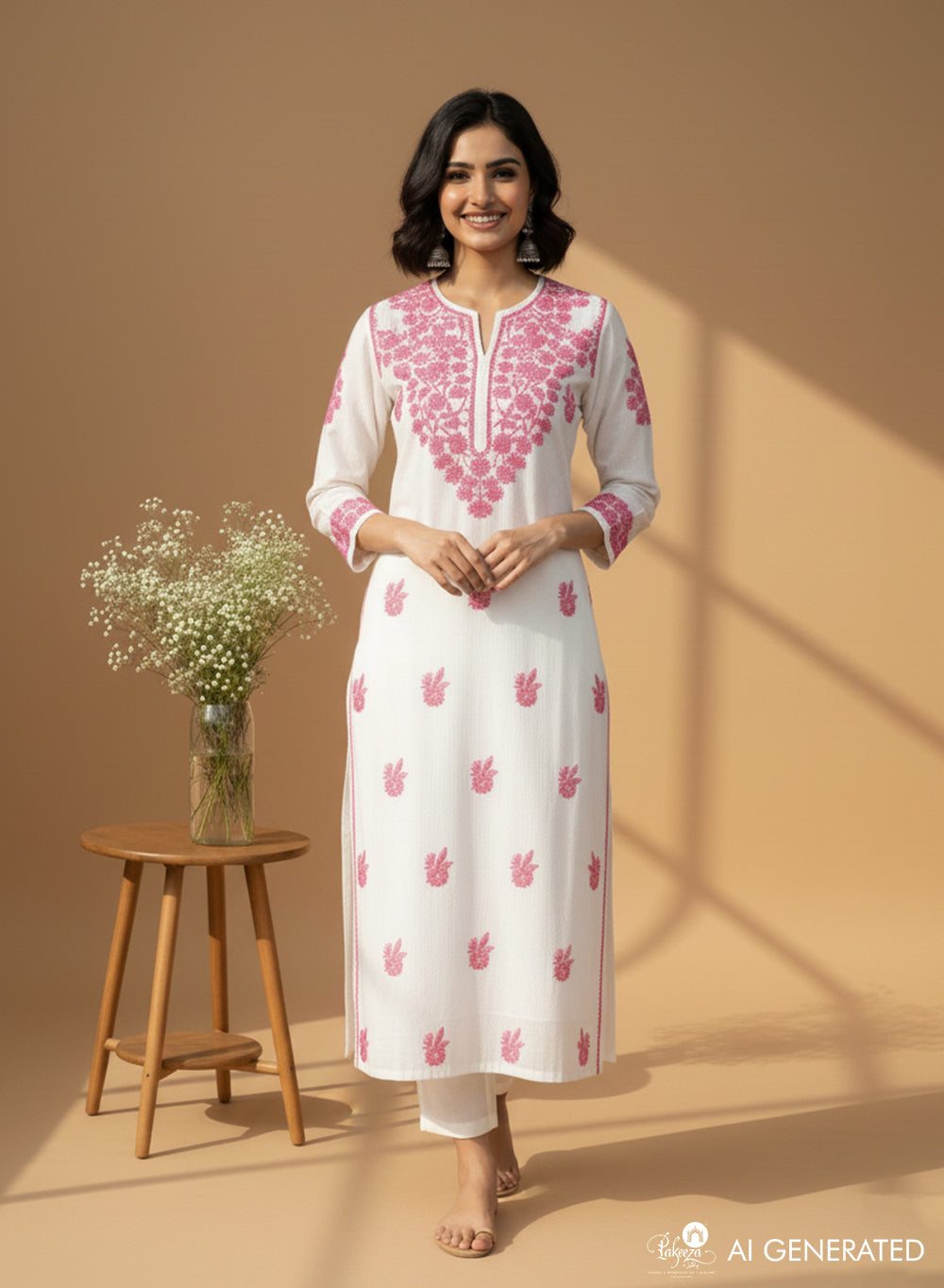 White & Pink - Bahaar Mul Cotton Chikankari Kurta