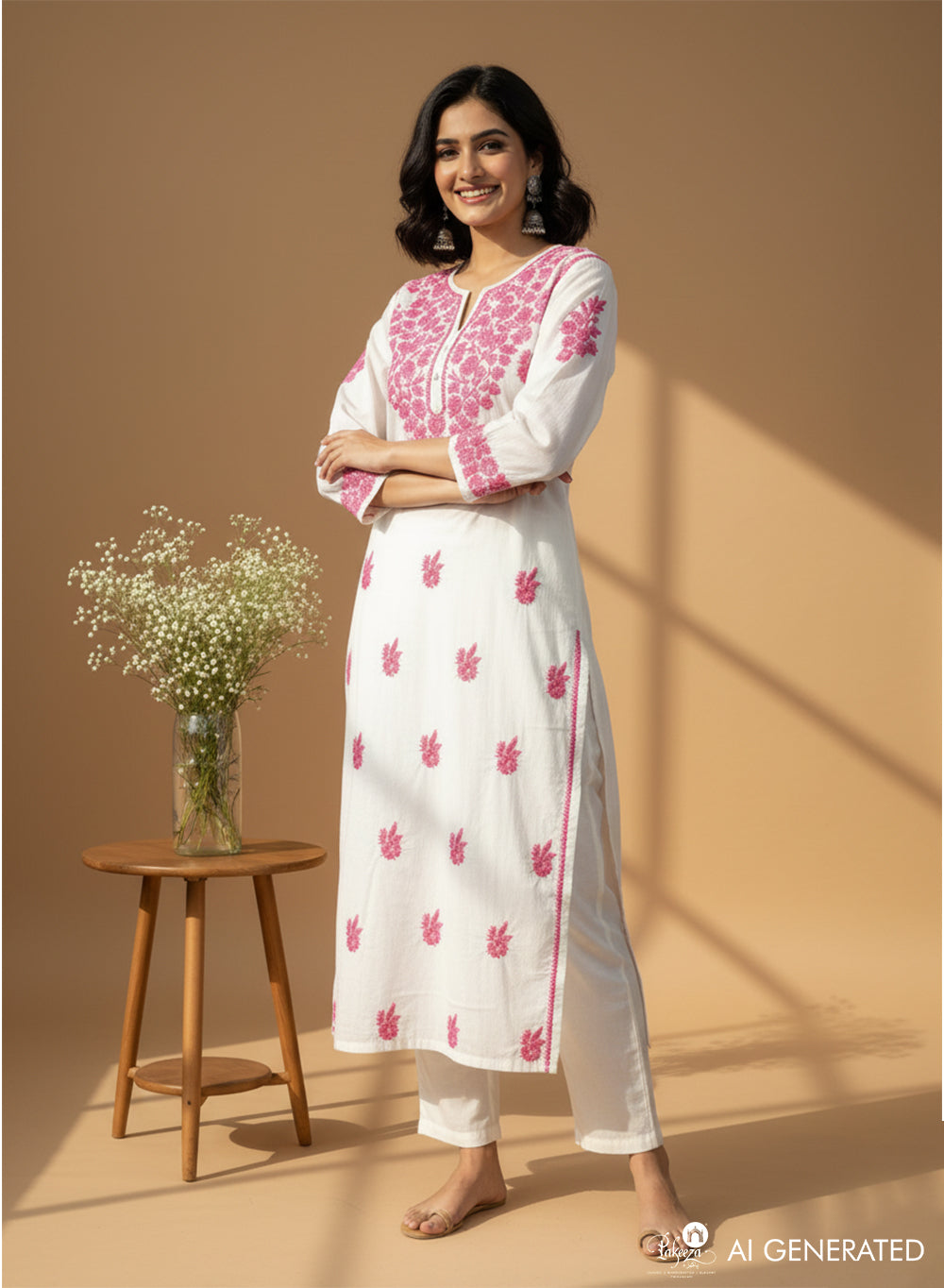 White & Pink - Bahaar Mul Cotton Chikankari Kurta