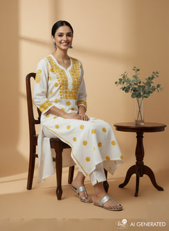 White & Yellow - Bahaar Mul Cotton Chikankari Kurta
