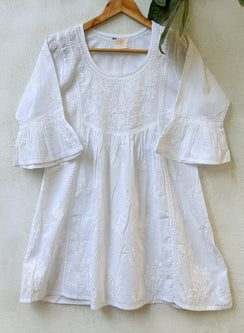 White Bell Sleeves - Pure Cotton Gulshan Chikankari Short Top