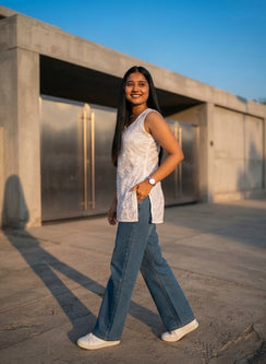 White - Cotton Sleeveless Lotus Chikankari Short Top