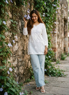 White - Mul Cotton Gulshan Chikankari Short Top