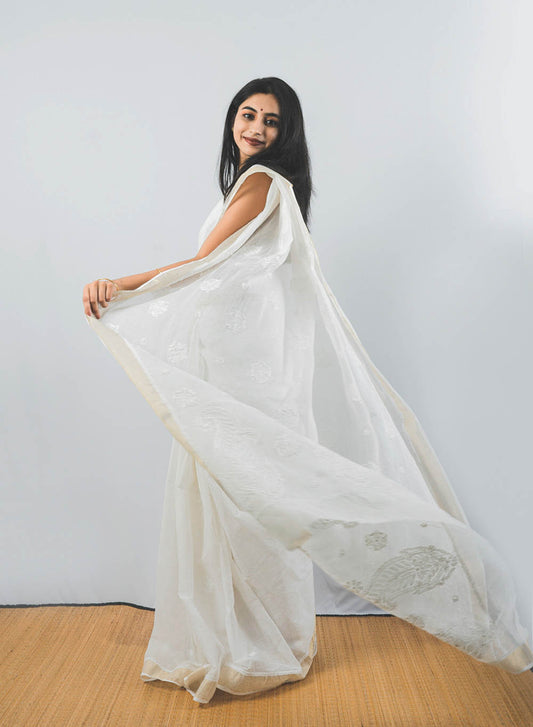 White Paisley Zari - Kota Aks Cotton Saree